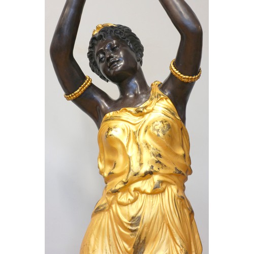 248 - An impressive pair of cast bronze female Blackamoor torcheres, the ladies in gilt dresses holding bo... 