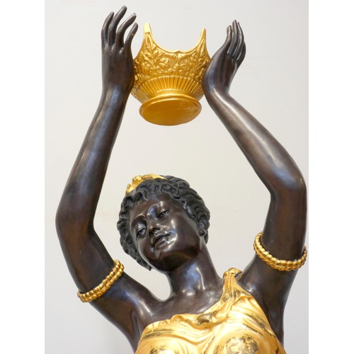 248 - An impressive pair of cast bronze female Blackamoor torcheres, the ladies in gilt dresses holding bo... 