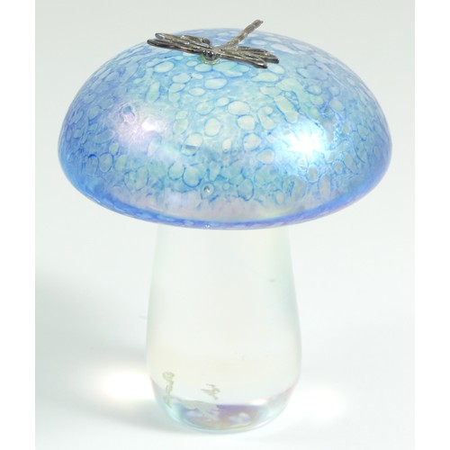 253 - A John Ditchfield glasform glass paperweight, in the form of a mushroom, iridescent blue, purple and... 