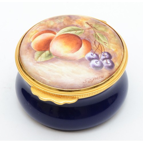 260 - A Royal Worcester pill box, Painted Fruits, signed by artist, S.Smith, 4.5cm diameter, together with... 