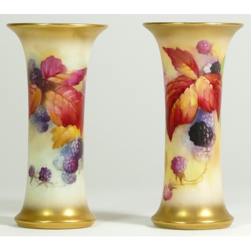 263 - A Royal Worcester trumpet vase, decorated with blackberries and autumnal leaves, signed by artist K.... 