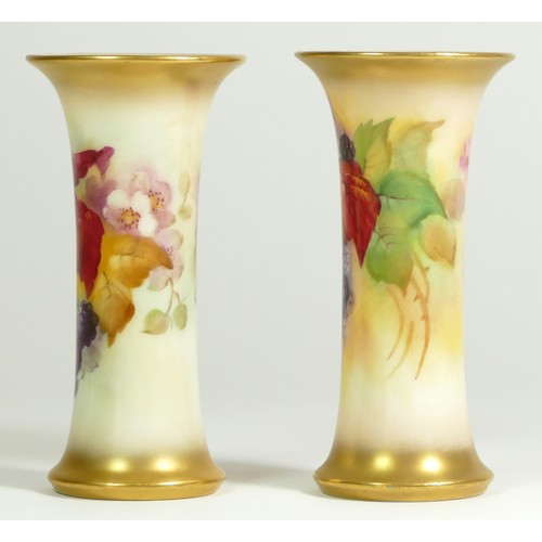 263 - A Royal Worcester trumpet vase, decorated with blackberries and autumnal leaves, signed by artist K.... 