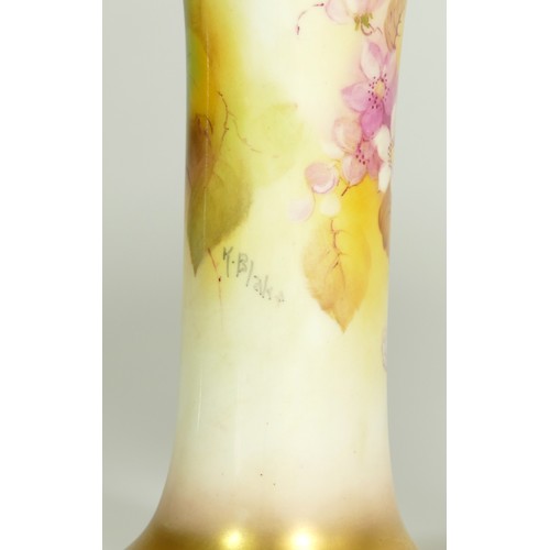 264 - A Royal Worcester trumpet vase, decorated with blackberries and autumnal leaves, signed by artist K.... 