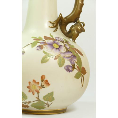 267 - A Royal Worcester blush ivory jug, pattern 1015, of globular form with dragon handle, the body paint... 