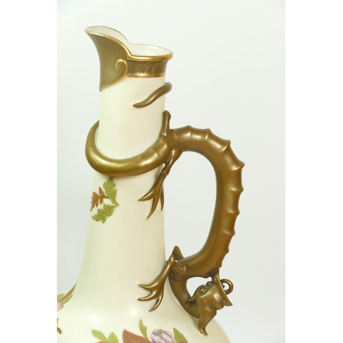 267 - A Royal Worcester blush ivory jug, pattern 1015, of globular form with dragon handle, the body paint... 