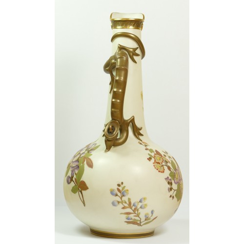 267 - A Royal Worcester blush ivory jug, pattern 1015, of globular form with dragon handle, the body paint... 