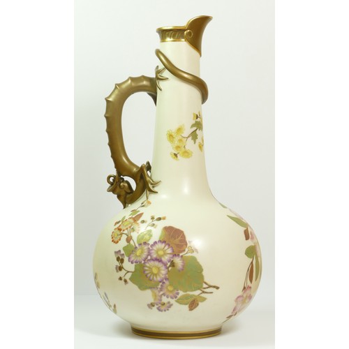 267 - A Royal Worcester blush ivory jug, pattern 1015, of globular form with dragon handle, the body paint... 