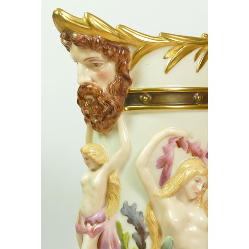 268 - A Royal Worcester blush ivory pitcher with Bacchus mask spout the body with Venus and mermaids, sea ... 