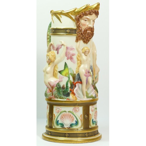 268 - A Royal Worcester blush ivory pitcher with Bacchus mask spout the body with Venus and mermaids, sea ... 