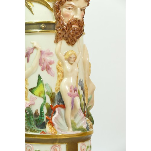 268 - A Royal Worcester blush ivory pitcher with Bacchus mask spout the body with Venus and mermaids, sea ... 