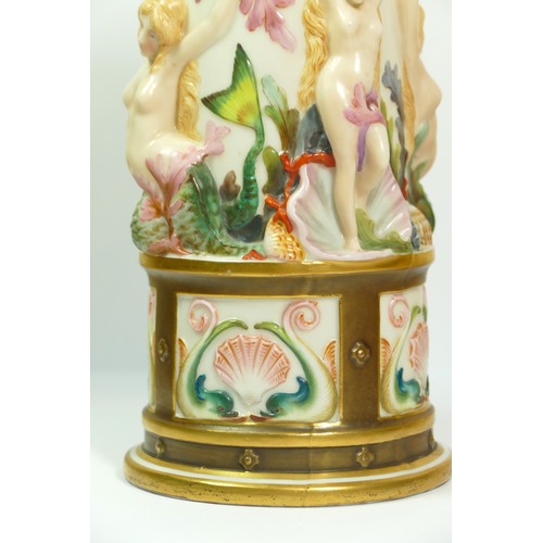 268 - A Royal Worcester blush ivory pitcher with Bacchus mask spout the body with Venus and mermaids, sea ... 