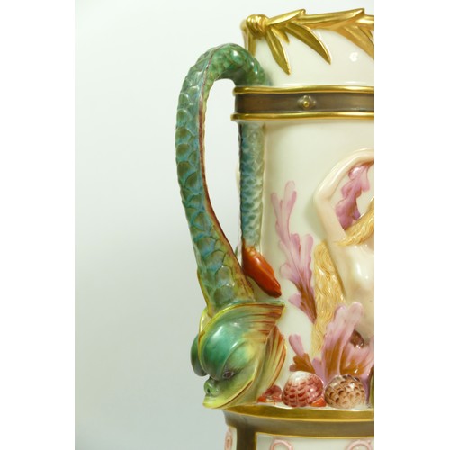 268 - A Royal Worcester blush ivory pitcher with Bacchus mask spout the body with Venus and mermaids, sea ... 