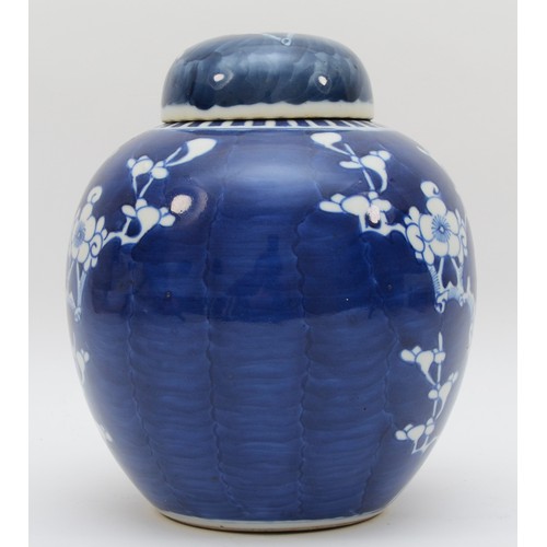 325 - A Chinese lidded ginger jar, hand decorated in blue & white with prunus foliage, circa late 19th cen... 