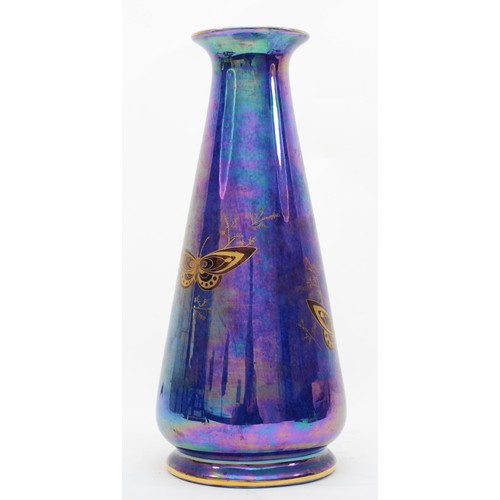 291 - A Crown Devon Fielding lustre vase, of cylindrical form with butterfly decoration, 31cm tall.