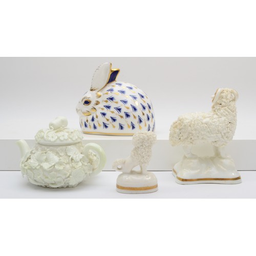 294 - A Royal Crown Derby rabbit paperweight, together with a Staffordshire porcelain figure of a sheep, a... 