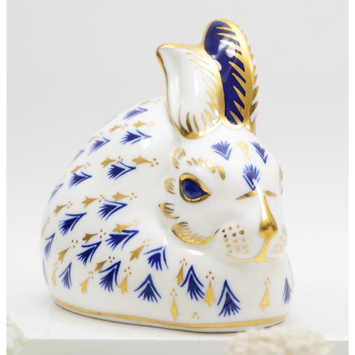 294 - A Royal Crown Derby rabbit paperweight, together with a Staffordshire porcelain figure of a sheep, a... 