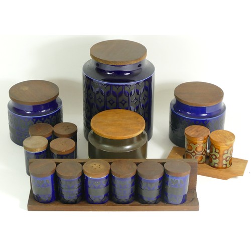 297 - A collection of Hornsea Heirloom blue storage jars, salt and pepper pots, spice rack with jars and a... 