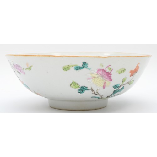 332 - A Chinese porcelain famille rose bowl, painted in overglaze enamels to show garland and flowers, 18.... 