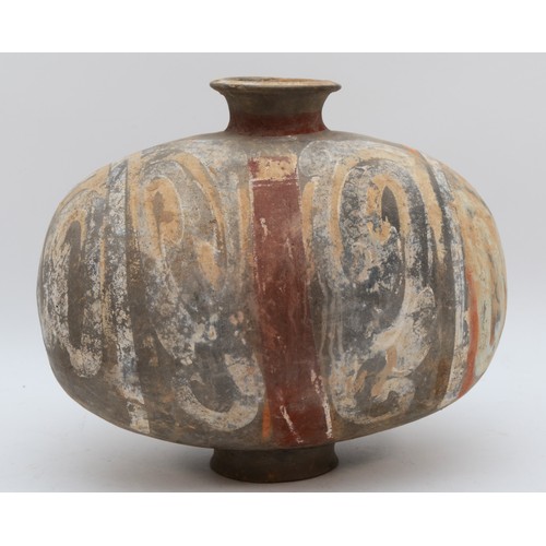 337 - A Chinese painted pottery cocoon jar, Han Dynasty, (206 BC – 220 AD), decorated by cold painting a v... 