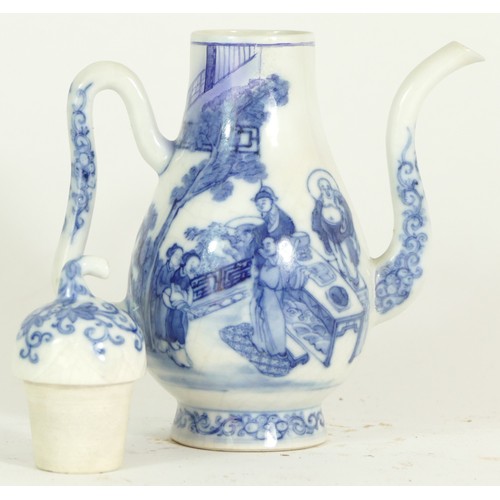 339 - A Chinese blue and white chocolate pot, with figural decoration, 18cm