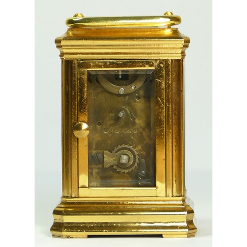 353 - A brass small carriage timepiece, with white enamel dial, 7.5cm