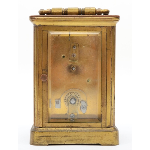 361 - A brass eight day carriage clock, enamelled dial with Roman numerals, complete with travel case. 12c... 