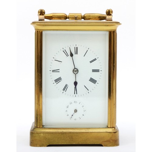 365 - A brass repeater and alarm carriage clock, rectangular enamel dial with Roman numerals and Arabic al... 