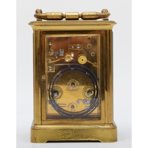 365 - A brass repeater and alarm carriage clock, rectangular enamel dial with Roman numerals and Arabic al... 