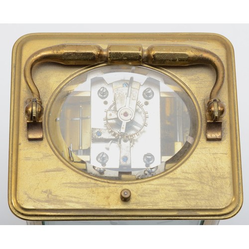 365 - A brass repeater and alarm carriage clock, rectangular enamel dial with Roman numerals and Arabic al... 