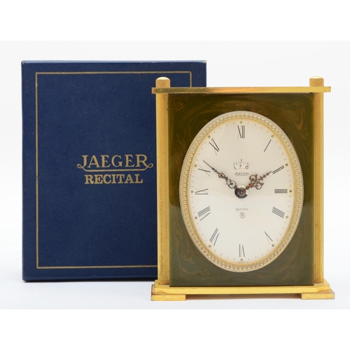 369 - Jaeger, a Recital 8 day alarm and calendar Vert Fonce desk clock, ref no. 129, the oval dial set wit... 