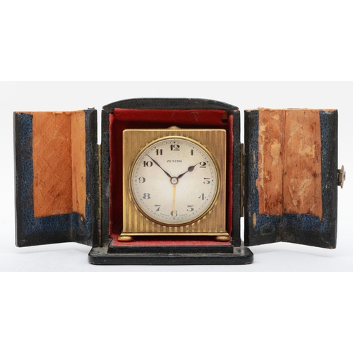 372 - A 1920s Art Deco Zenith bedside alarm clock, having Swiss eight movement with travel case (AF) 5.5cm... 