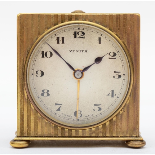 372 - A 1920s Art Deco Zenith bedside alarm clock, having Swiss eight movement with travel case (AF) 5.5cm... 