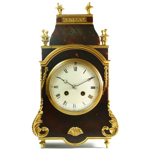 374 - A late 19th century French tortoiseshell and ormolu mounted mantel clock, white enamel dial with bla... 