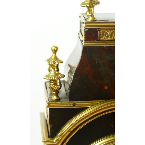 374 - A late 19th century French tortoiseshell and ormolu mounted mantel clock, white enamel dial with bla... 