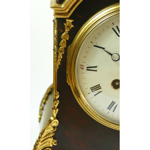 374 - A late 19th century French tortoiseshell and ormolu mounted mantel clock, white enamel dial with bla... 