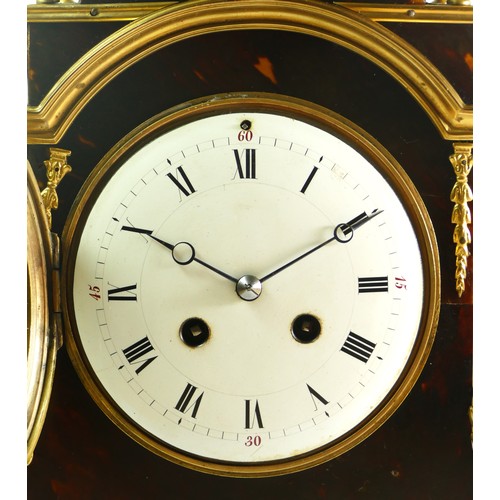 374 - A late 19th century French tortoiseshell and ormolu mounted mantel clock, white enamel dial with bla... 