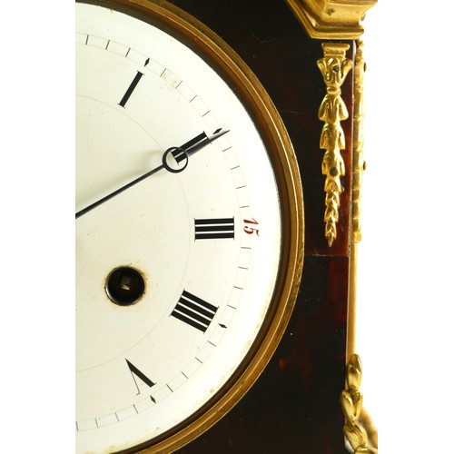 374 - A late 19th century French tortoiseshell and ormolu mounted mantel clock, white enamel dial with bla... 