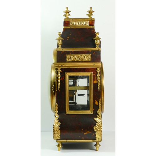 374 - A late 19th century French tortoiseshell and ormolu mounted mantel clock, white enamel dial with bla... 