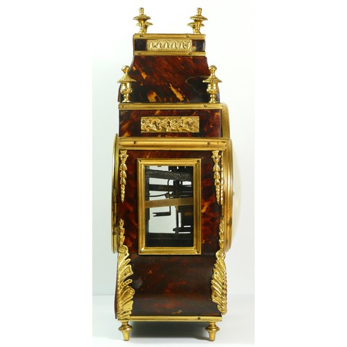 374 - A late 19th century French tortoiseshell and ormolu mounted mantel clock, white enamel dial with bla... 