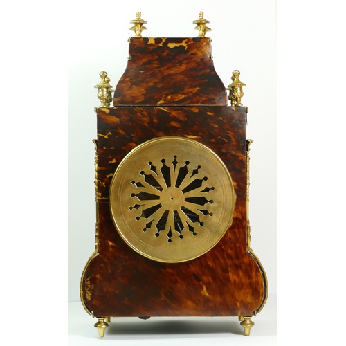 374 - A late 19th century French tortoiseshell and ormolu mounted mantel clock, white enamel dial with bla... 