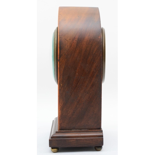 380 - An Edwardian inlaid mahogany mantel clock, having convexed enamel dial with arabic numerals with eig... 