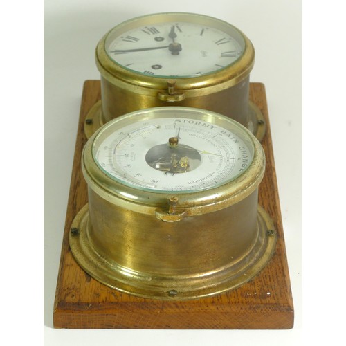 381 - A mid 20th century Schatz maritime brass bulkhead clock/barometer/thermometer set, the clock having ... 