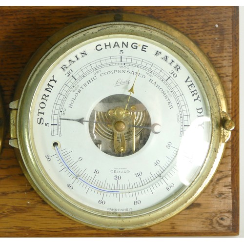 381 - A mid 20th century Schatz maritime brass bulkhead clock/barometer/thermometer set, the clock having ... 