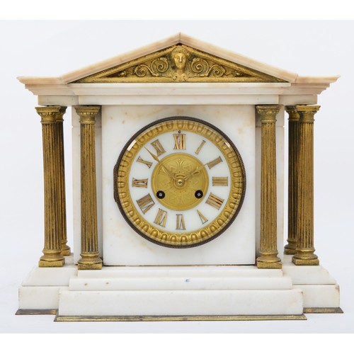 385 - A late 19th century French white marble mantel clock, having eight day movement striking on gong, wi... 