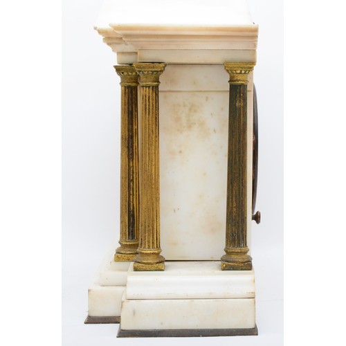 385 - A late 19th century French white marble mantel clock, having eight day movement striking on gong, wi... 