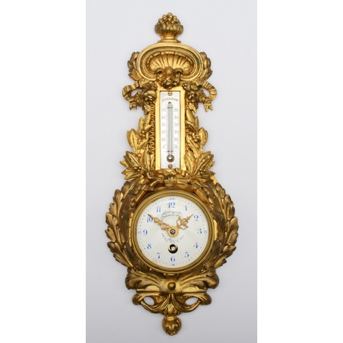 388 - A late 19th century French gilt bronze cartel clock with thermometer, the white enamel dial signed D... 