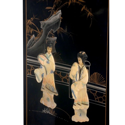 391 - A Chinoiserie lacquered longcase clock, the ebonised case with gilt border, painted Oriental landsca... 