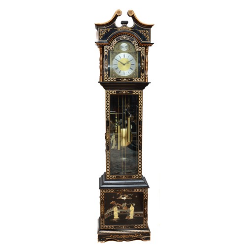 391 - A Chinoiserie lacquered longcase clock, the ebonised case with gilt border, painted Oriental landsca... 