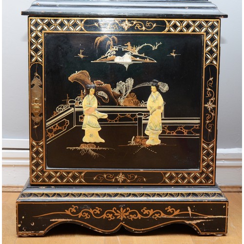 391 - A Chinoiserie lacquered longcase clock, the ebonised case with gilt border, painted Oriental landsca... 