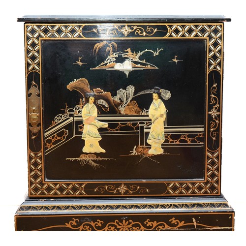 391 - A Chinoiserie lacquered longcase clock, the ebonised case with gilt border, painted Oriental landsca... 